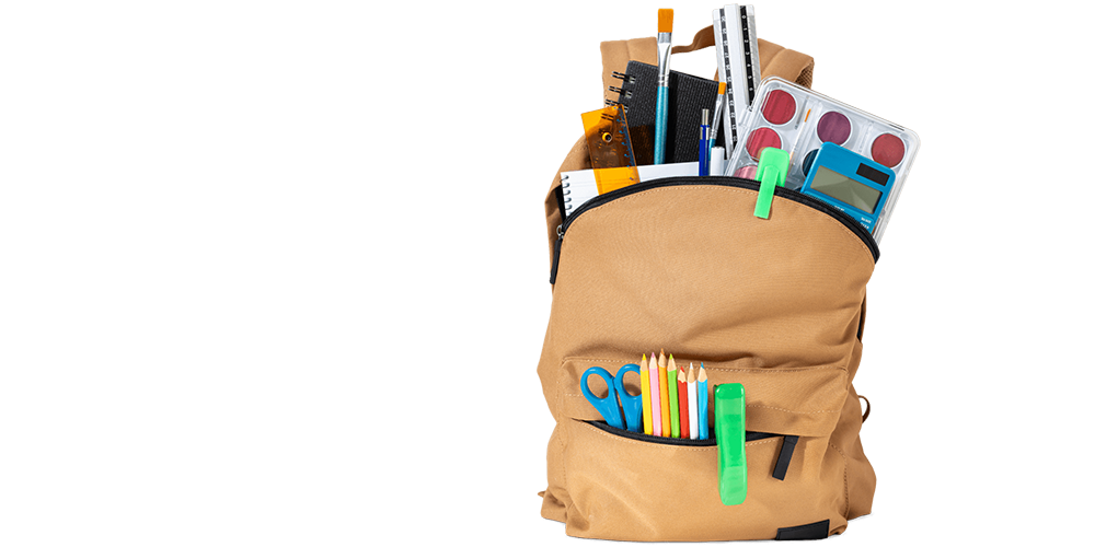 Schultasche gefüllt mit Schulheften, Stiften und Malsachen