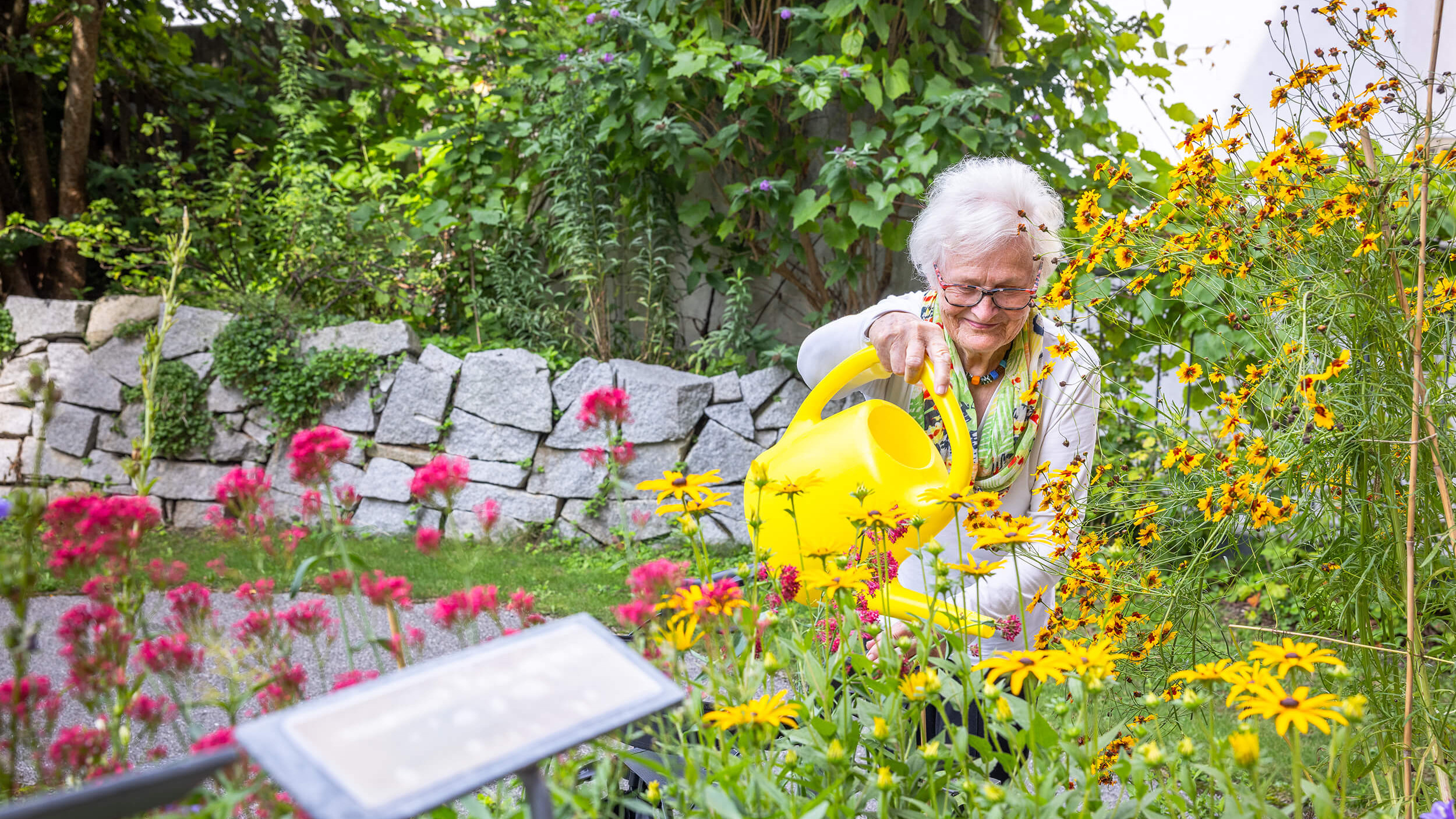 Eine alte Frau gießt Blumen im Garten.
