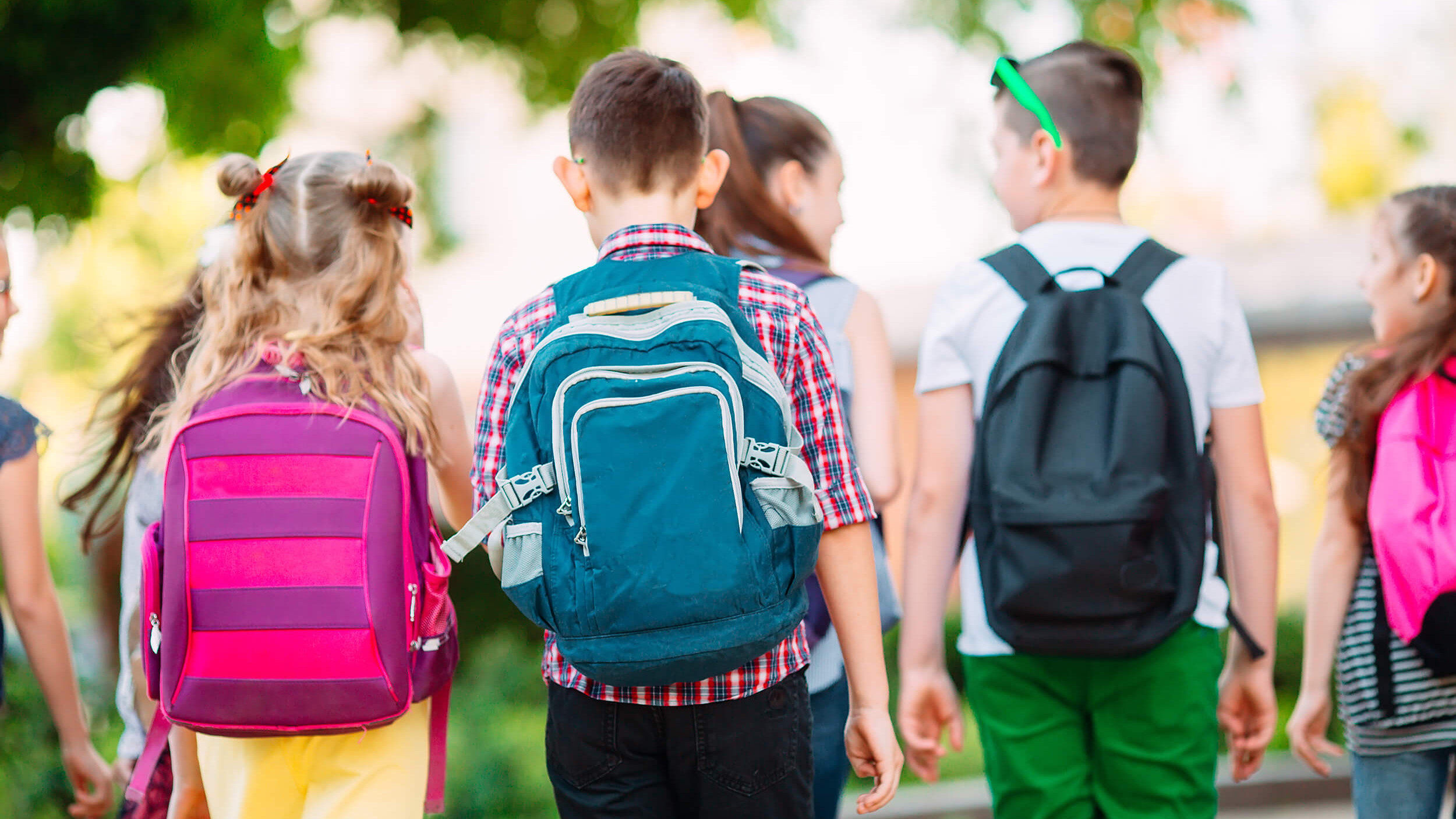 Mehrere Kinder mit Schultaschen, von hinten