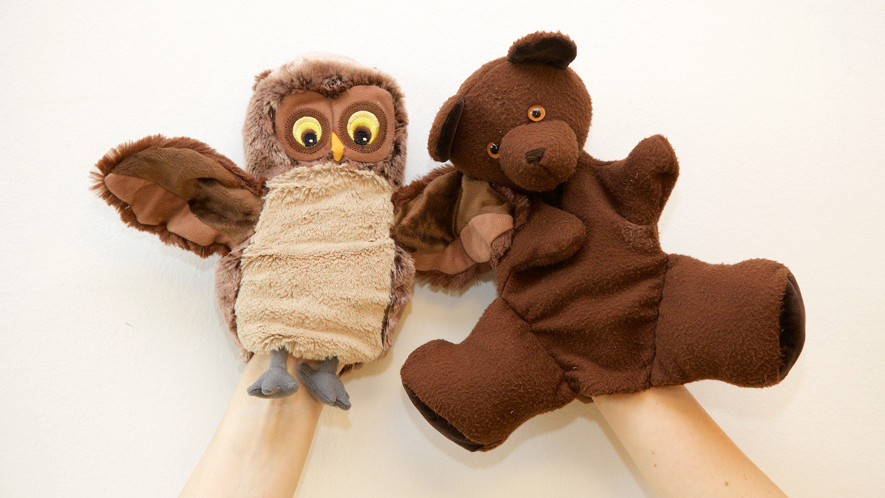 Eine Eulen-Handpuppe und eine Teddybär-Handpuppe wirken traurig